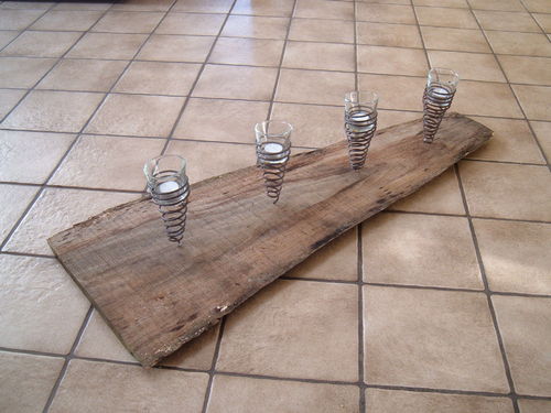 Wooden plank with tealight holder made of metal incl. Glasses exclusive handmade